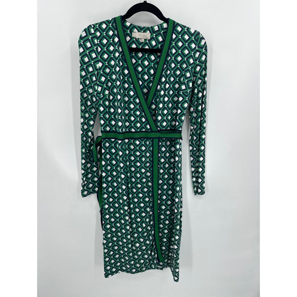 Hobbs London Jasmine Printed Wrap Dress Blue/ Green Geometric print Size 4 - Picture 4 of 8
